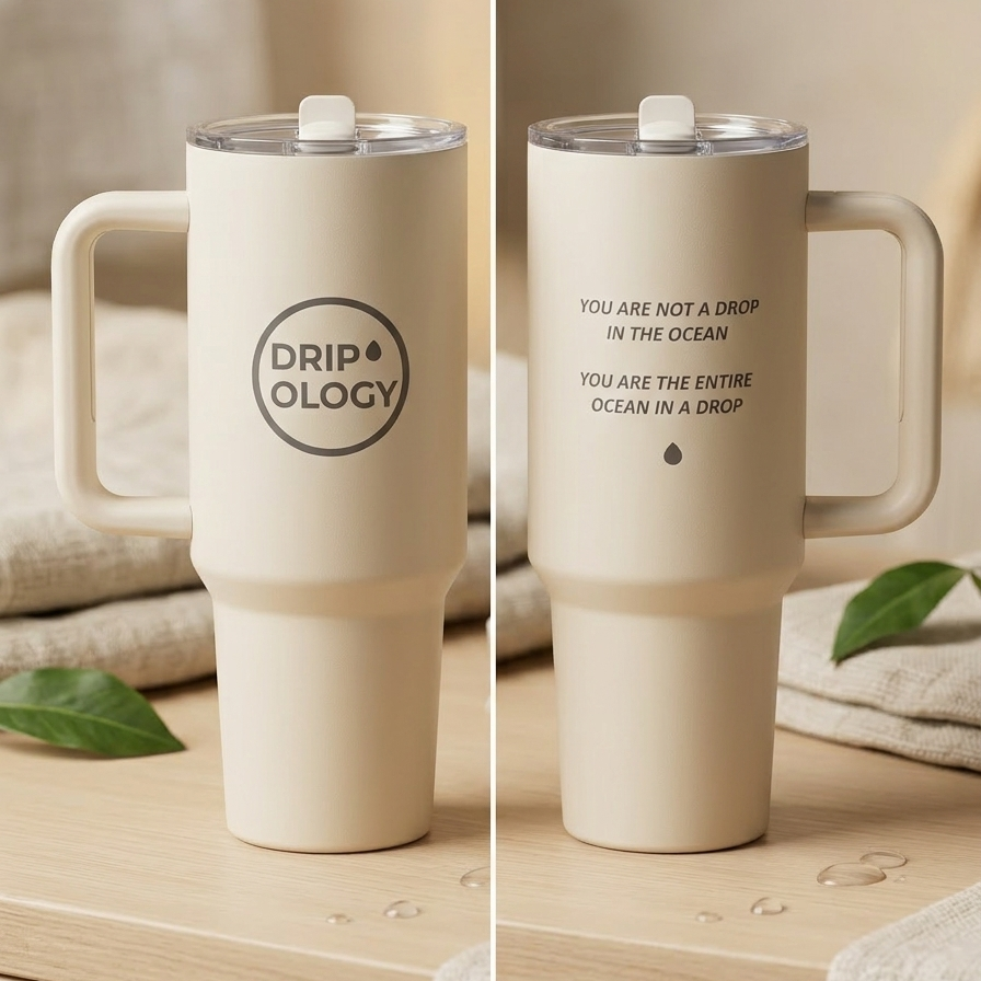 Two insulated travel mugs with 'Dripology' branding and motivational quote on a neutral background.