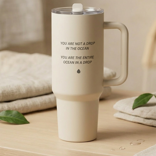 Beige tumbler with motivational quote on a wooden surface with beige background
